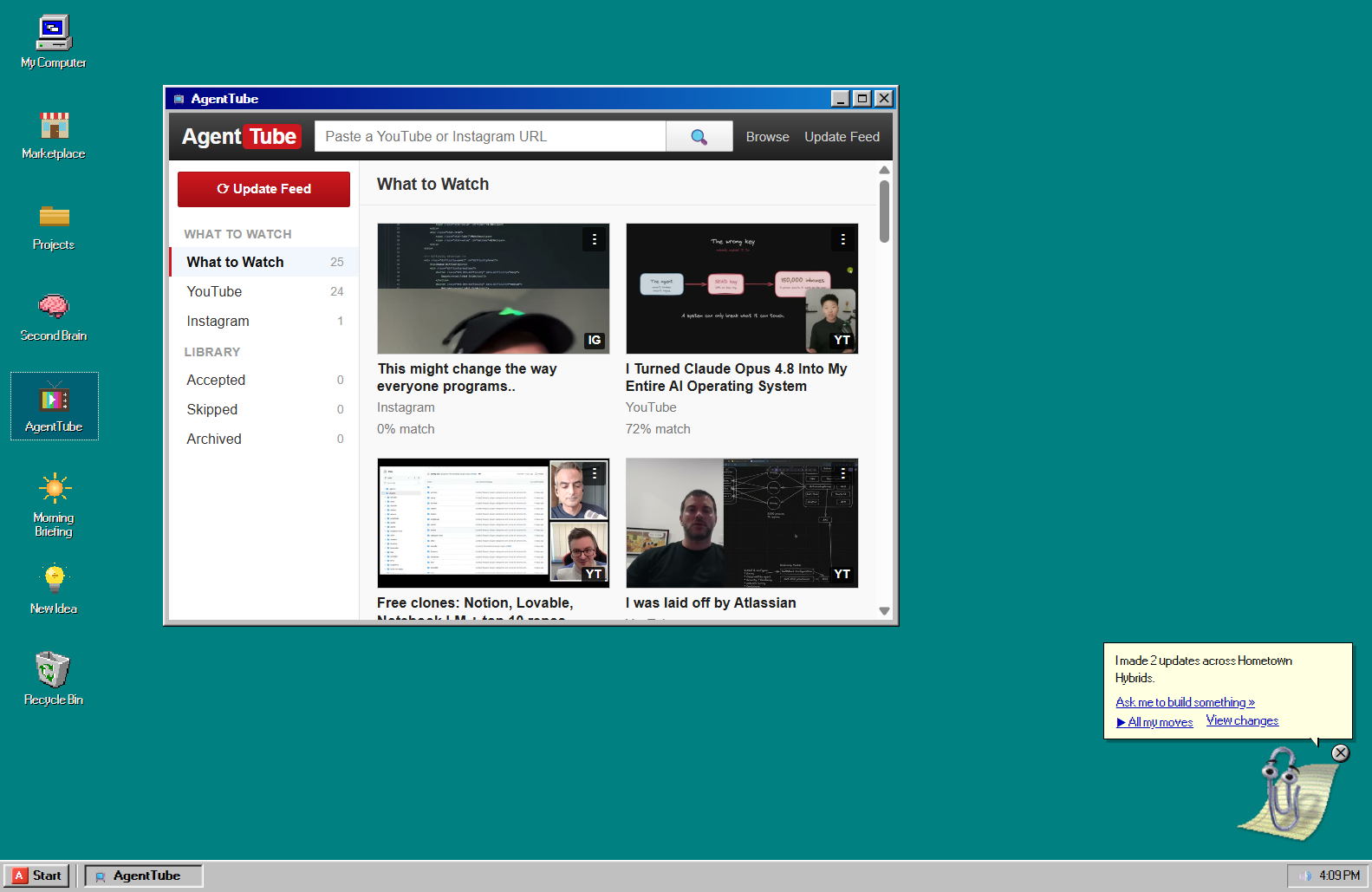 The AgentTube window styled like early-2000s YouTube, showing a grid of curated videos under 'What to Watch' with source and match-percentage labels.