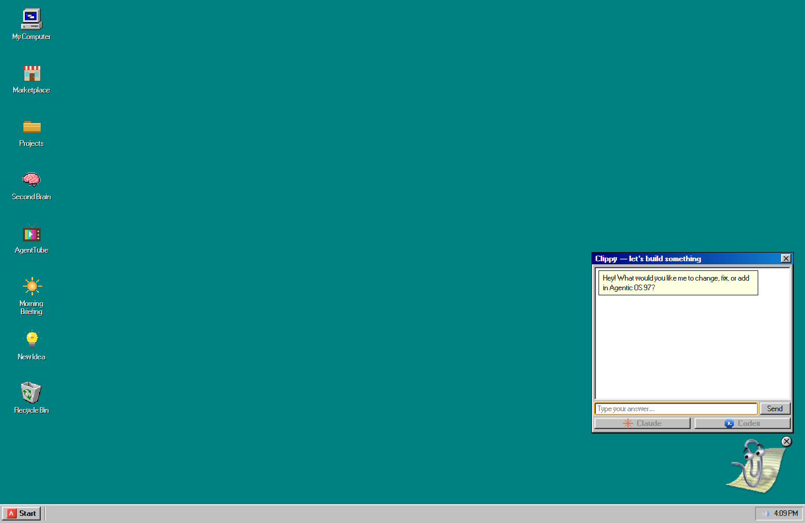 The Clippy chat window titled 'Clippy — let's build something', asking what to change, fix, or add in Agentic OS 97, with a text box, a Send button, and Claude and Codex engine buttons.
