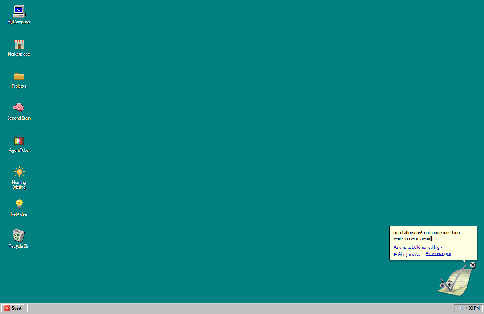 The teal Agentic OS 97 desktop with My Computer, Marketplace, Projects, Second Brain, AgentTube, Morning Briefing, New Idea, and Recycle Bin icons down the left, a Start button and clock along the bottom, and pixel Clippy's briefing bubble in the corner.