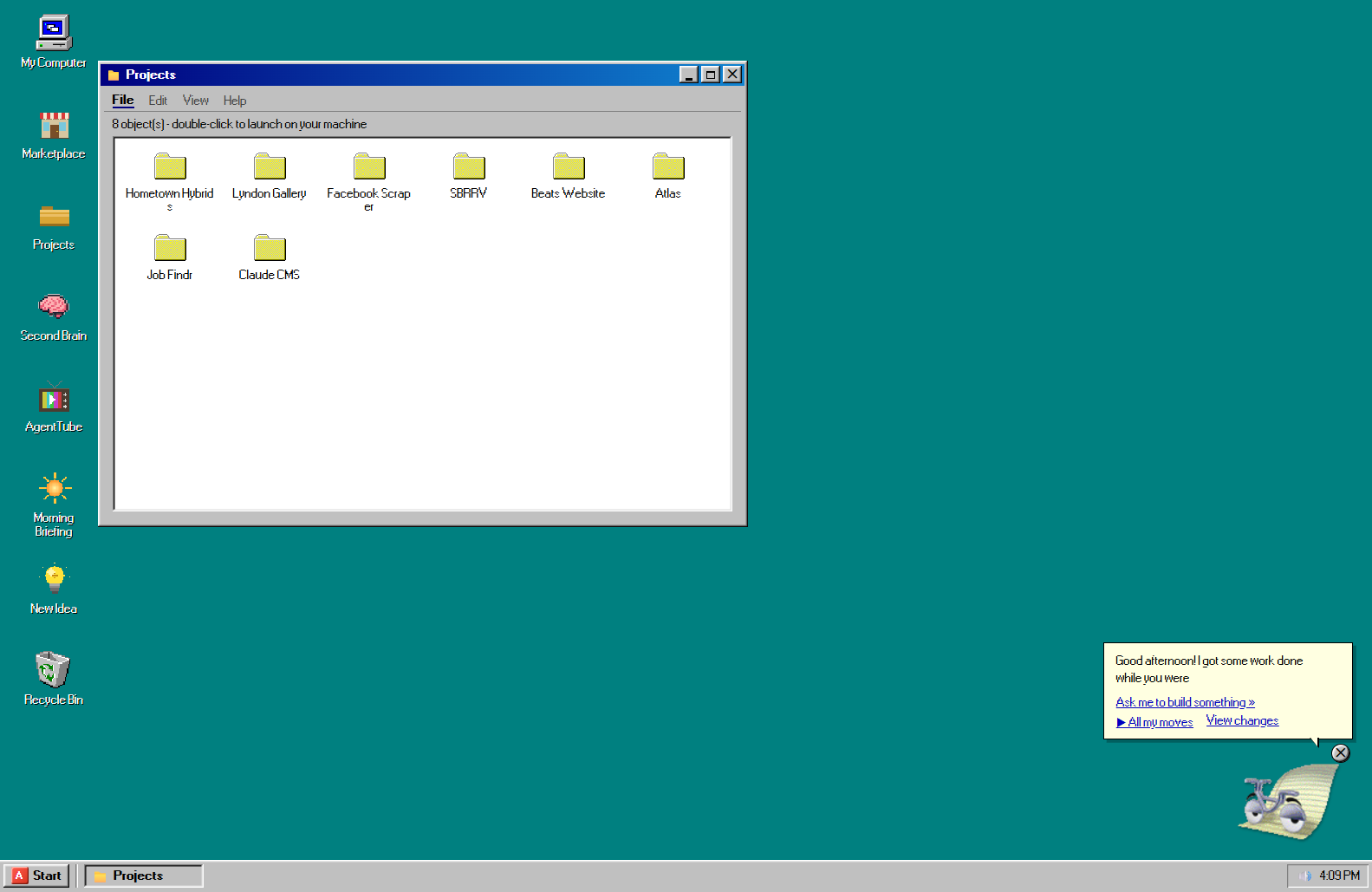 The Projects folder window listing real project folders above the line: 8 objects, double-click to launch on your machine.