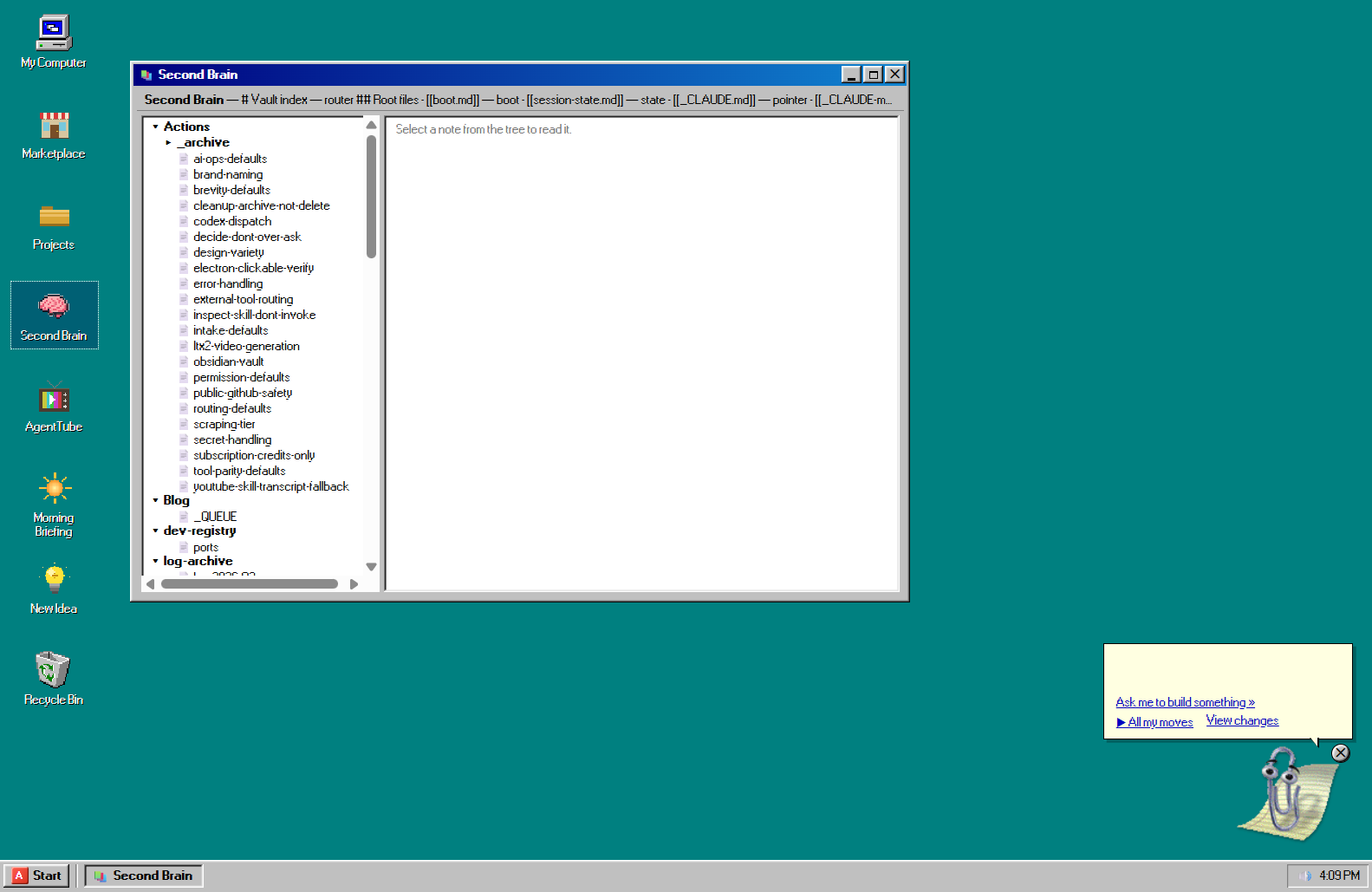 The Second Brain window showing a collapsible file tree of real project, agent, and skill files from the internal AI wiki.