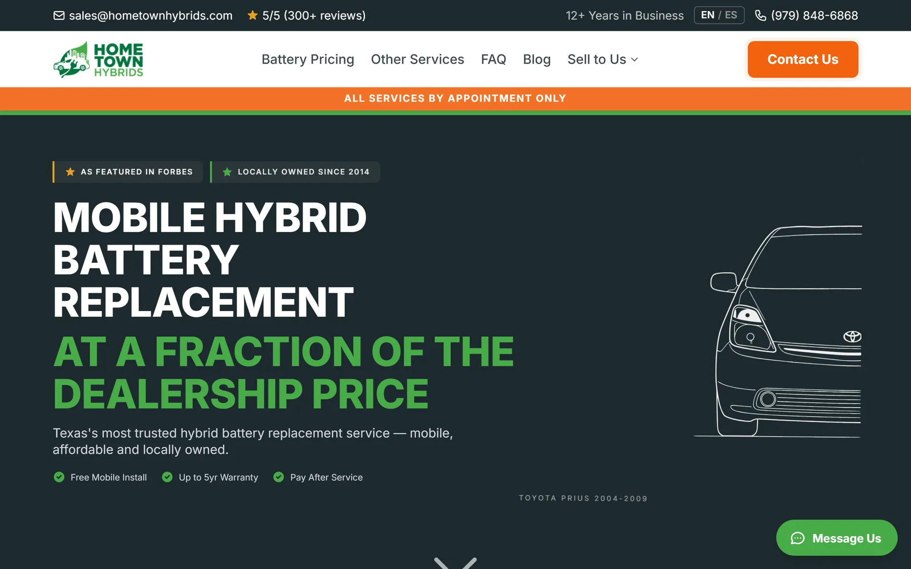 Hometown Hybrids homepage hero: mobile hybrid battery replacement headline, Forbes and locally-owned trust badges, and a Prius line illustration.
