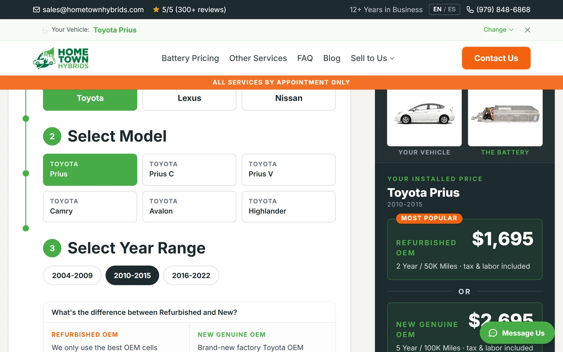 Pricing calculator with Toyota Prius selected: make, model, and 2010-2015 year picker on the left and the installed price panel on the right showing refurbished and new battery totals.