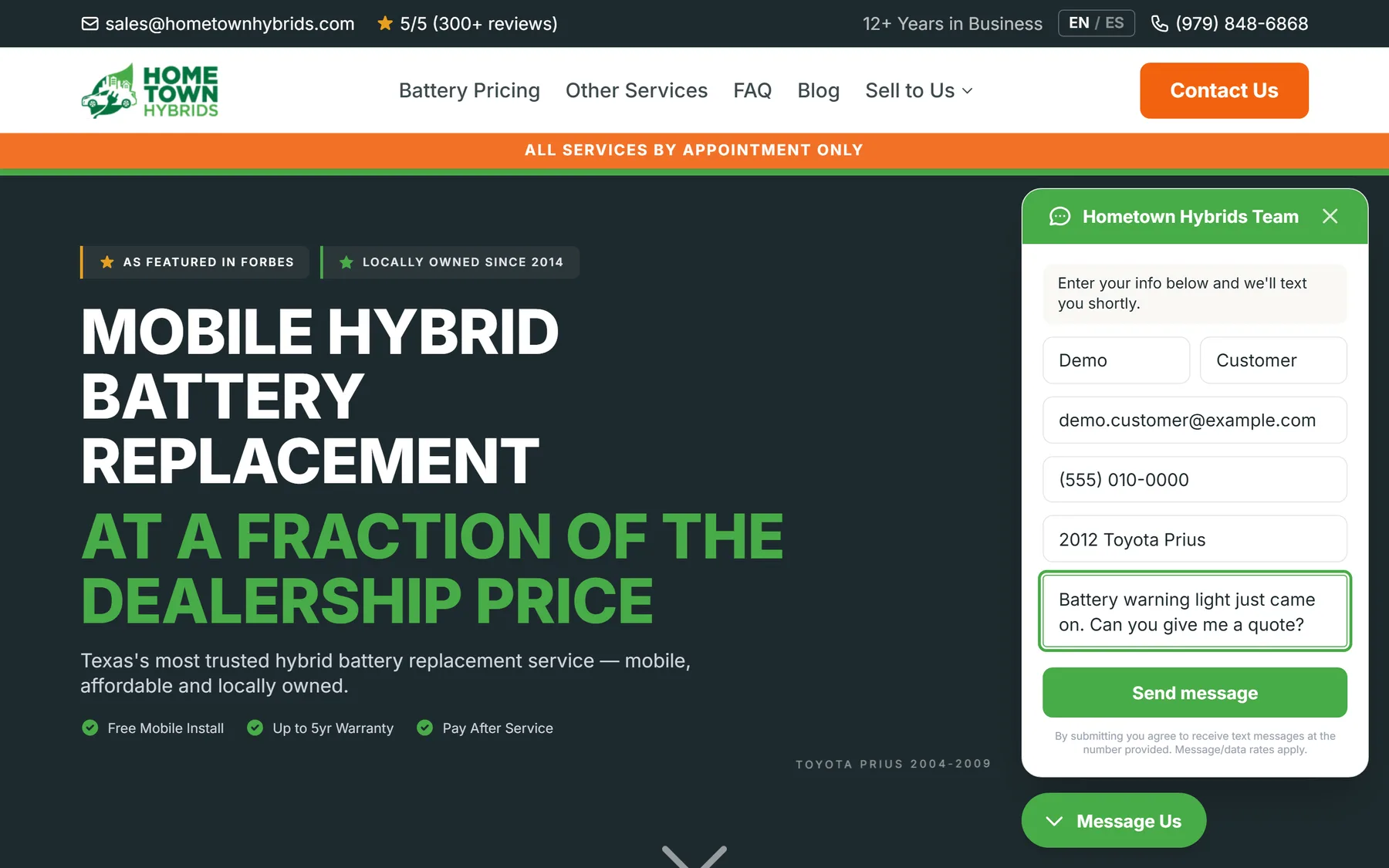 The Text-Us chat widget open over the homepage, expanded into a structured lead form with name, phone, email, vehicle, and message fields and a Send message button.