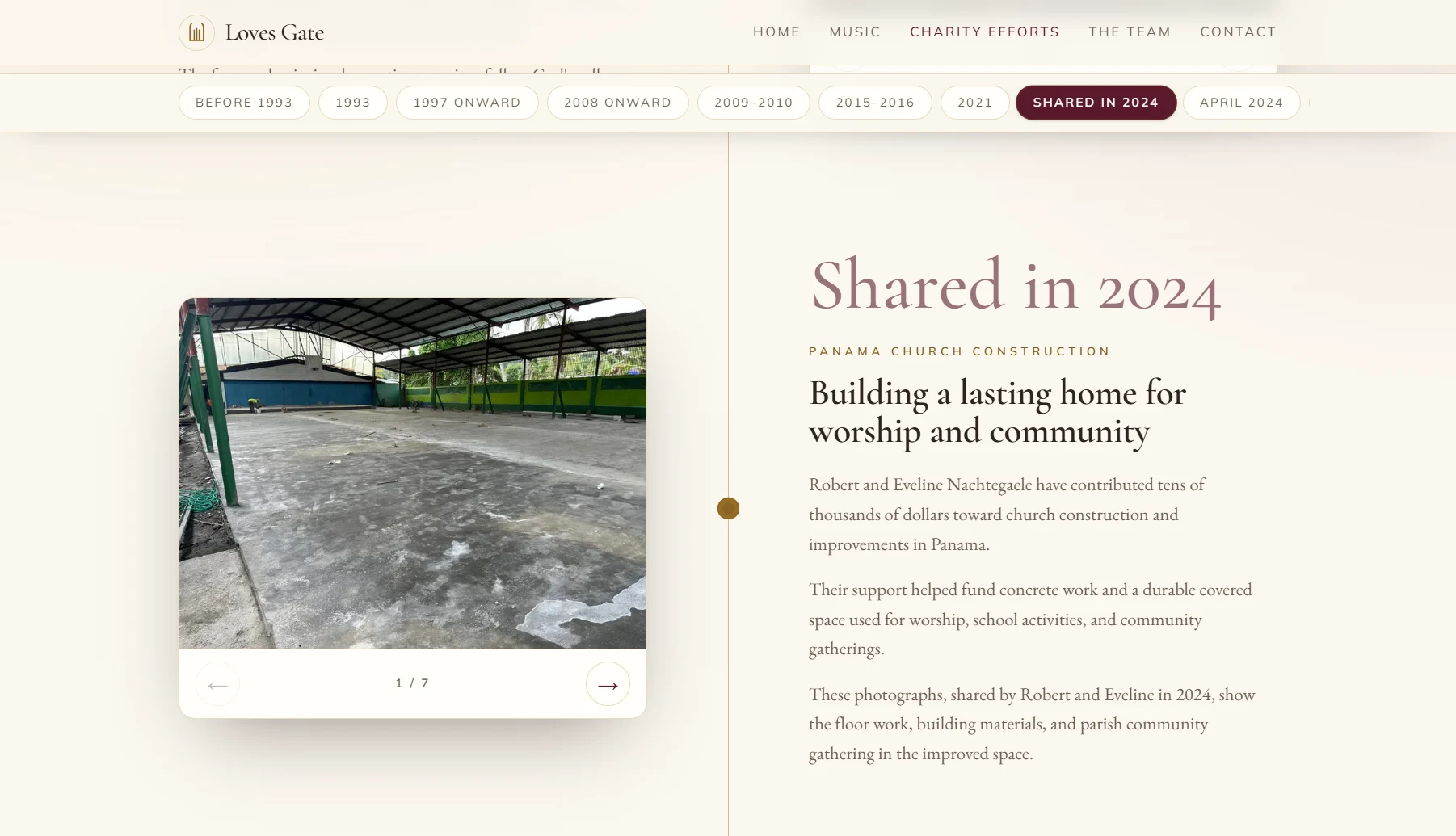 The Charity Efforts timeline: the Panama church construction entry with a photo carousel and era navigation chips.