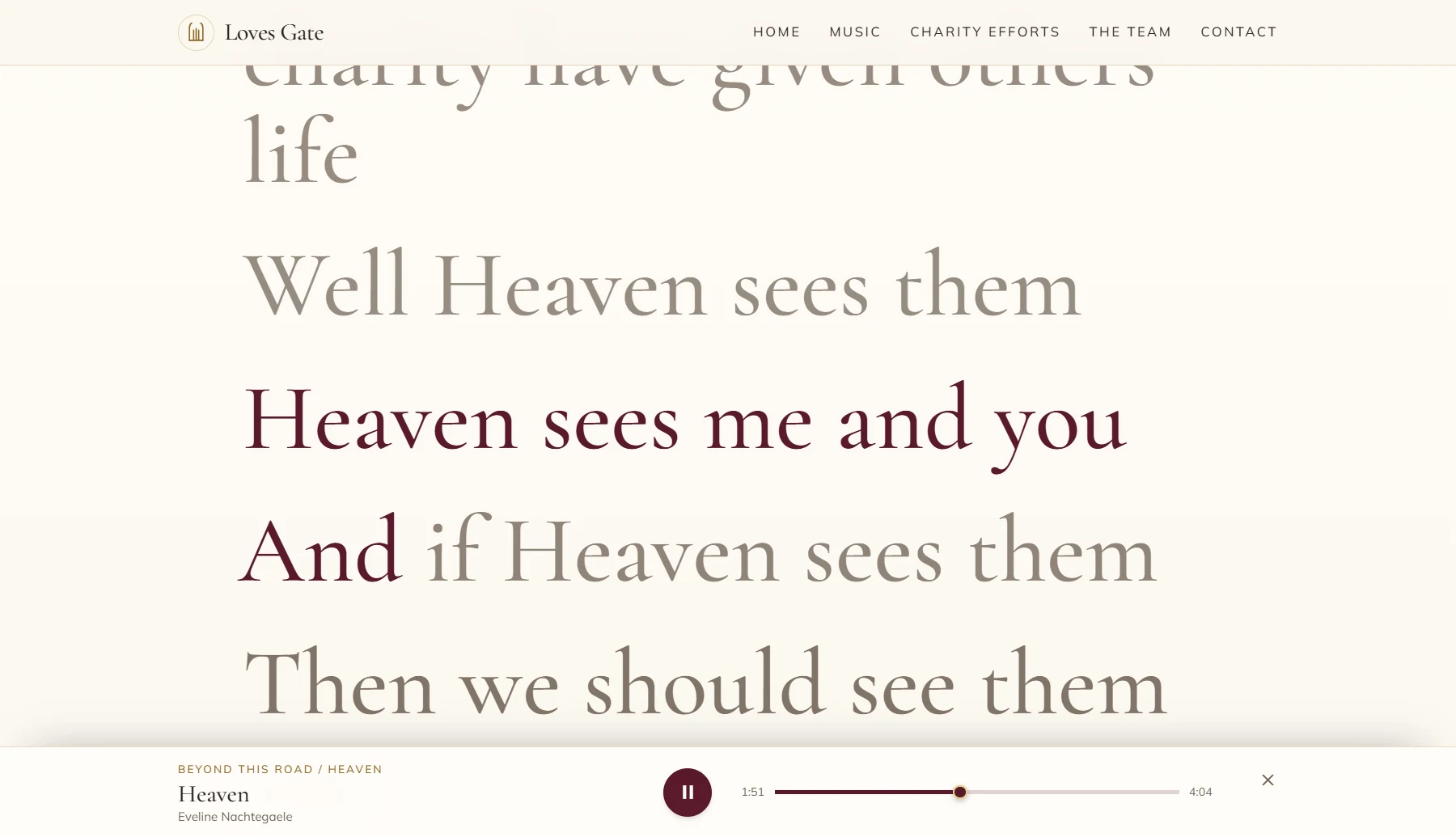 A lyric page mid-song: the active line highlighted in wine while the audio player tracks the recording.