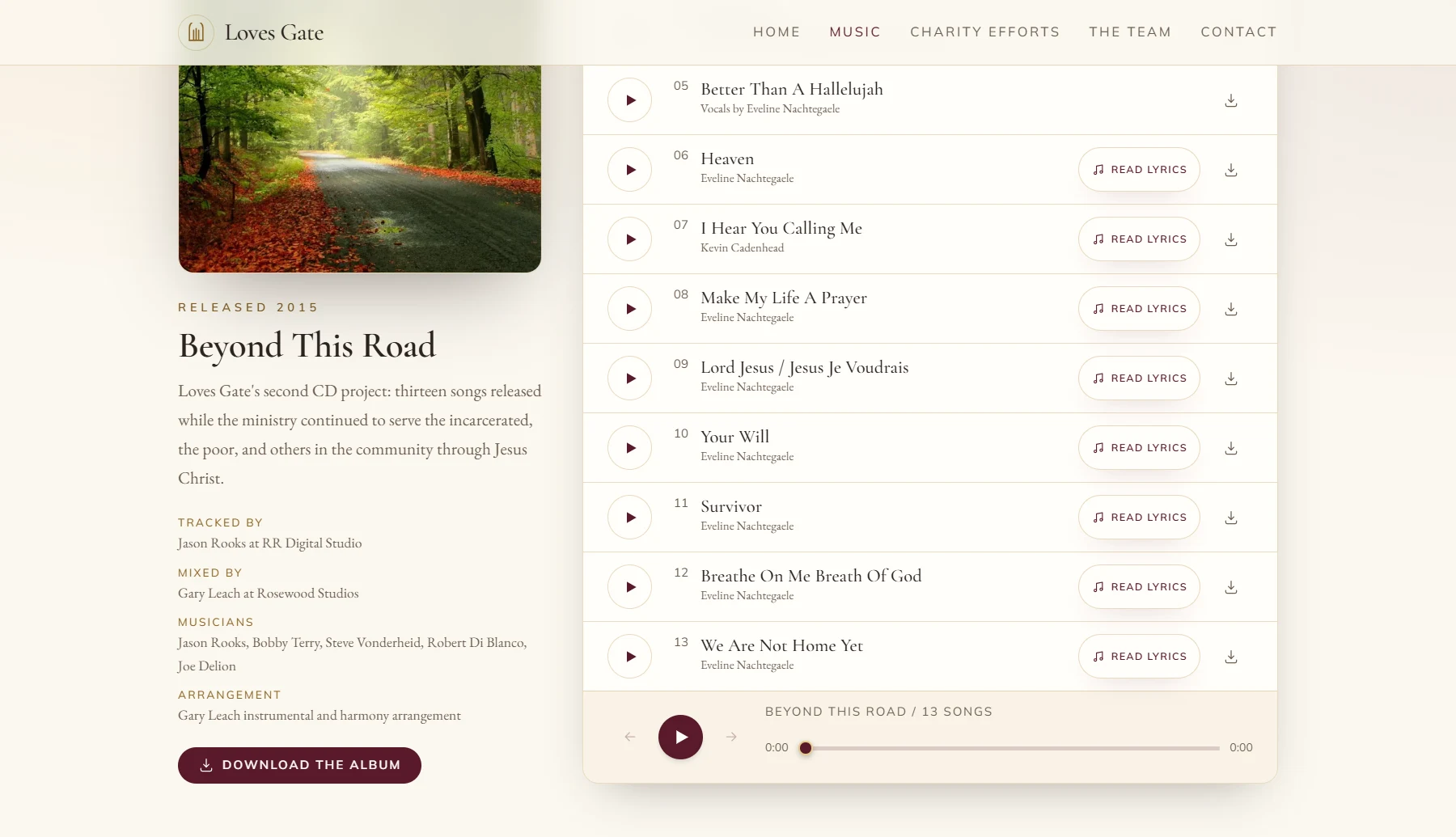 The Music page: the Beyond This Road album with its cover, credits, track list, per-song downloads, and the in-page player.