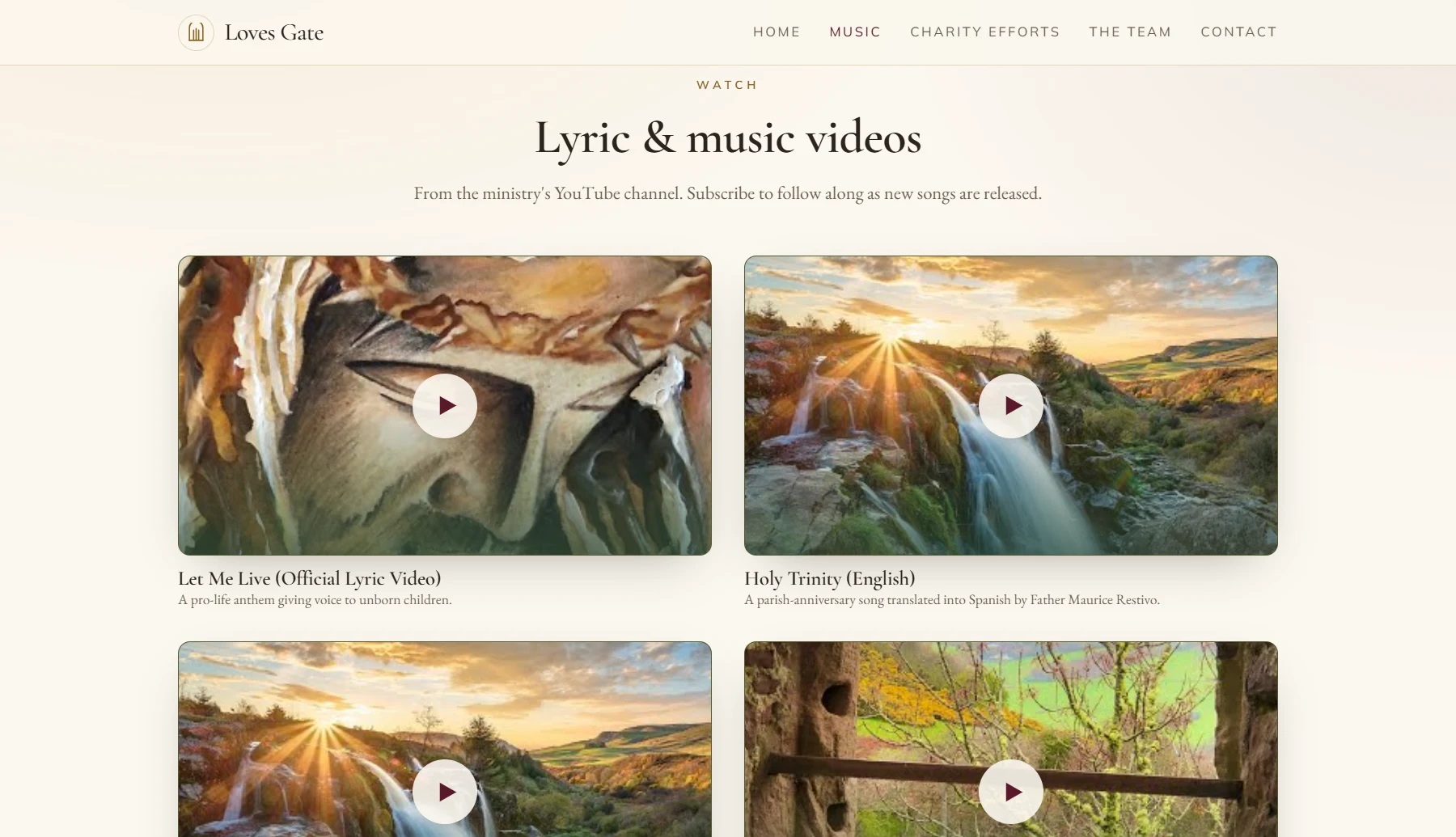 The lyric and music videos section on the Music page, with a grid of playable videos.