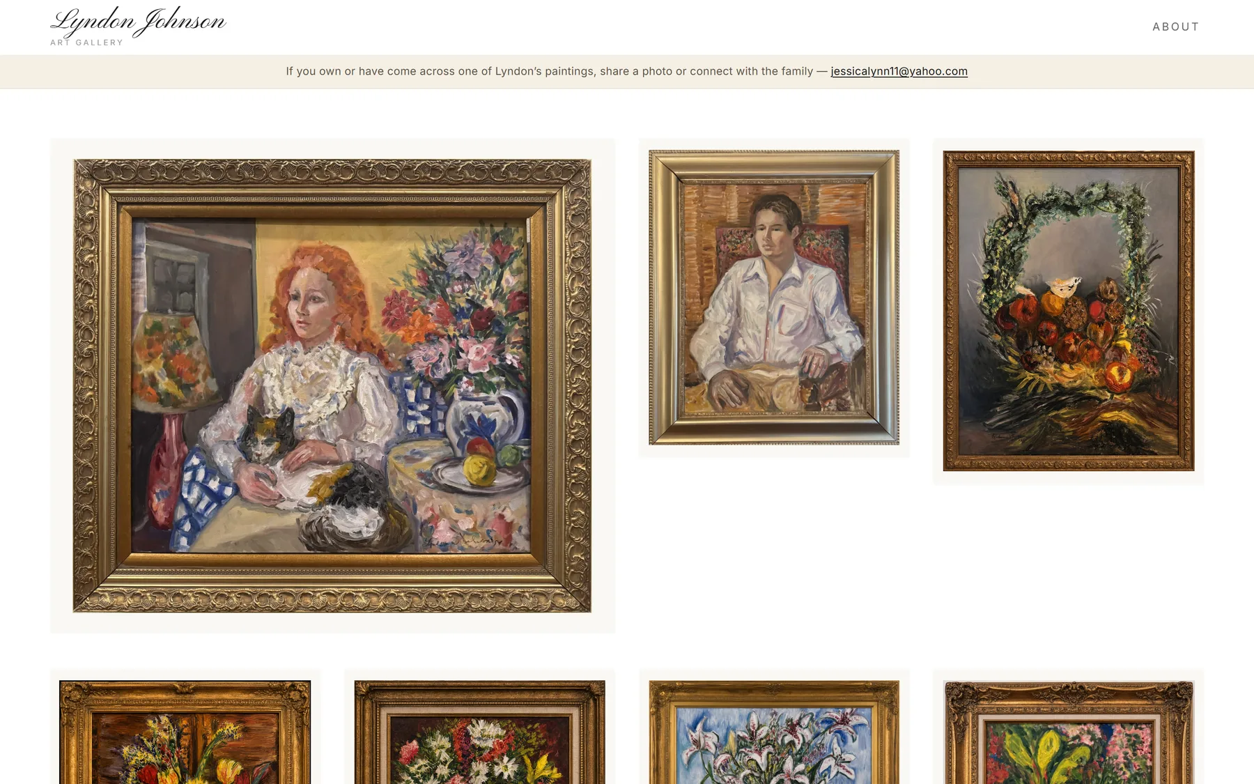 The Lyndon Johnson art gallery: framed oil paintings hung as an editorial grid above a warm contact bar