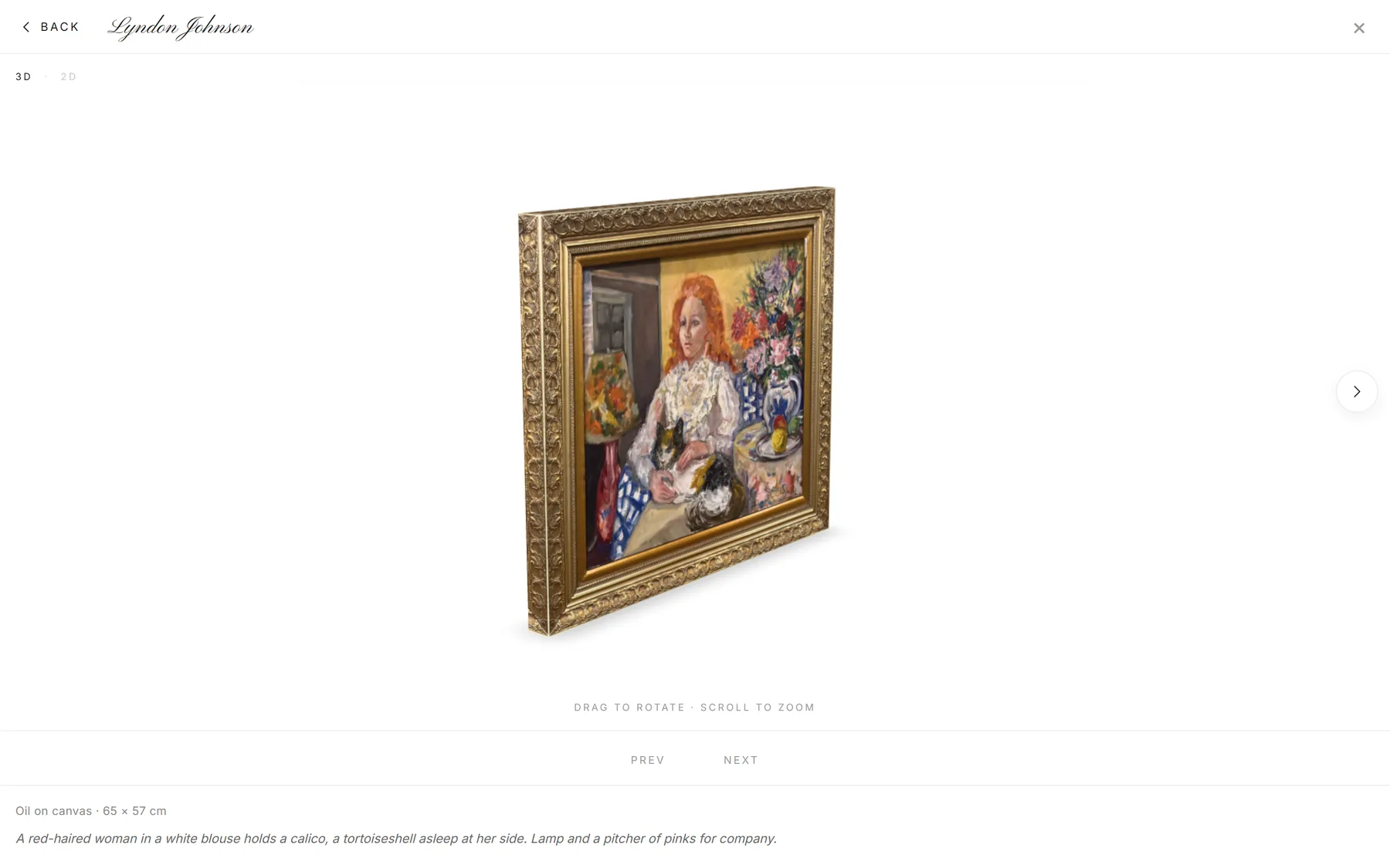 A painting lifted into a 3D view, tilted to show the depth of the frame and the light on its edge