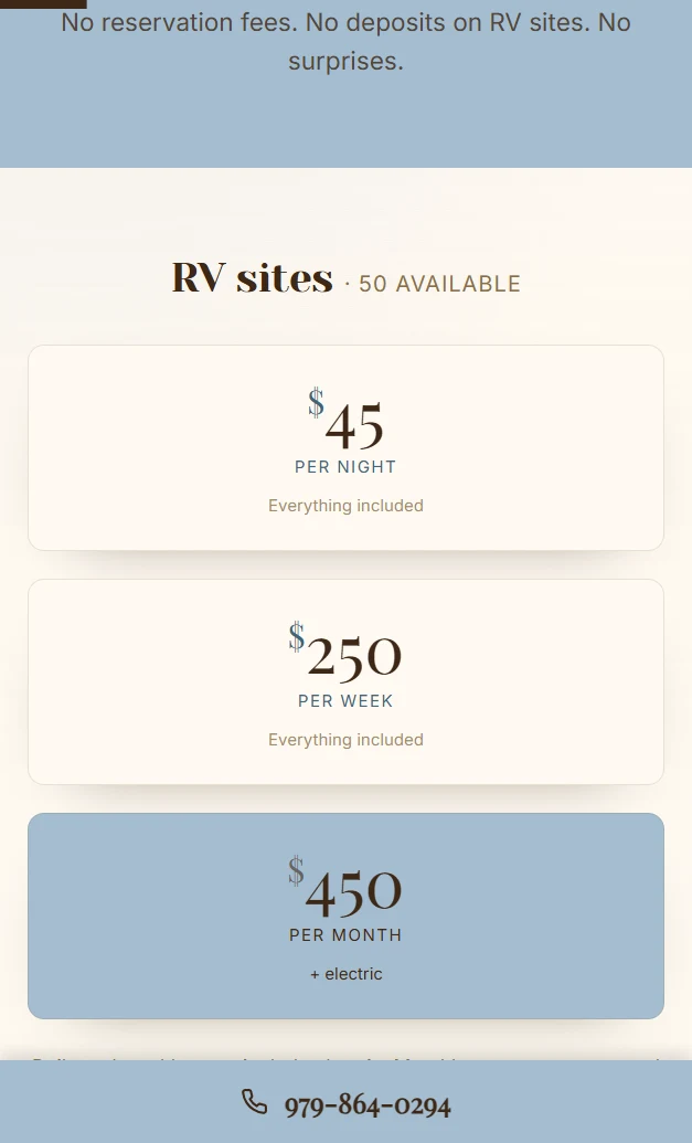 A mobile view of the rates page with the sticky call bar pinned to the bottom of the screen, showing the phone icon and the number 979-864-0294.