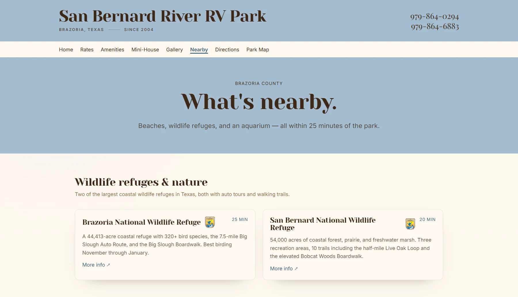 The nearby attractions page: cards for Brazoria National Wildlife Refuge and San Bernard National Wildlife Refuge, each showing a real drive time and a link to more info.