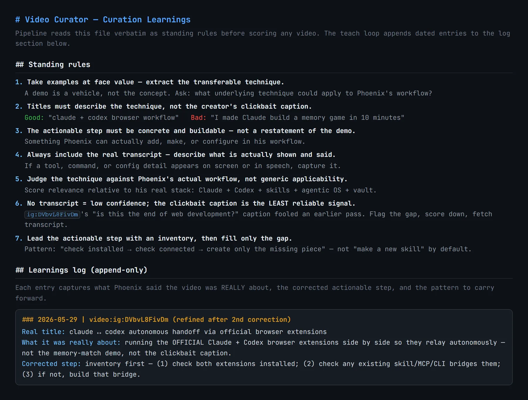 learnings.md: the seven standing curation rules injected into every analysis, followed by the start of the dated, append-only correction log.